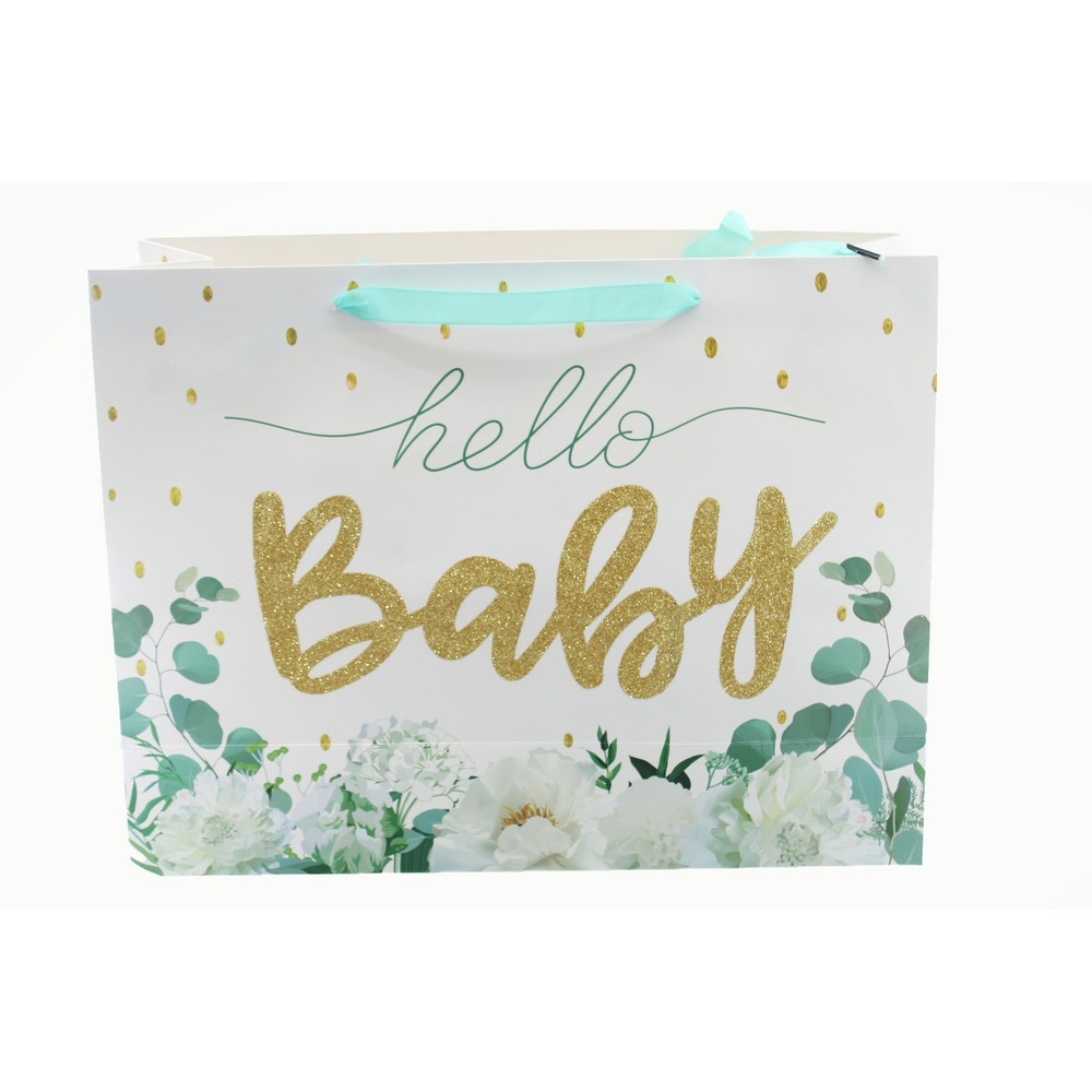 Hello Baby Large Gift Bag Gold Glitter FloralWhite Teal 16.5 in x 12.5 in